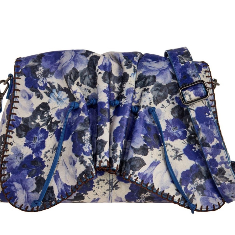 Sharif Legacy Ruched Leather Museum Flap Messenger Bag- Denim Floral